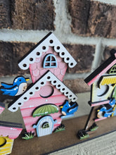 Load image into Gallery viewer, Birdhouses Set Standing Houses File SVG, Glowforge, Flower, Bird, Spring, Summer, LuckyHeartDesignsCo
