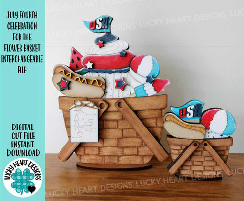 July Fourth Celebration For The Flower Basket Interchangeable File SVG, America, USA, Summer, Tiered Tray, Glowforge, LuckyHeartDesignsCo