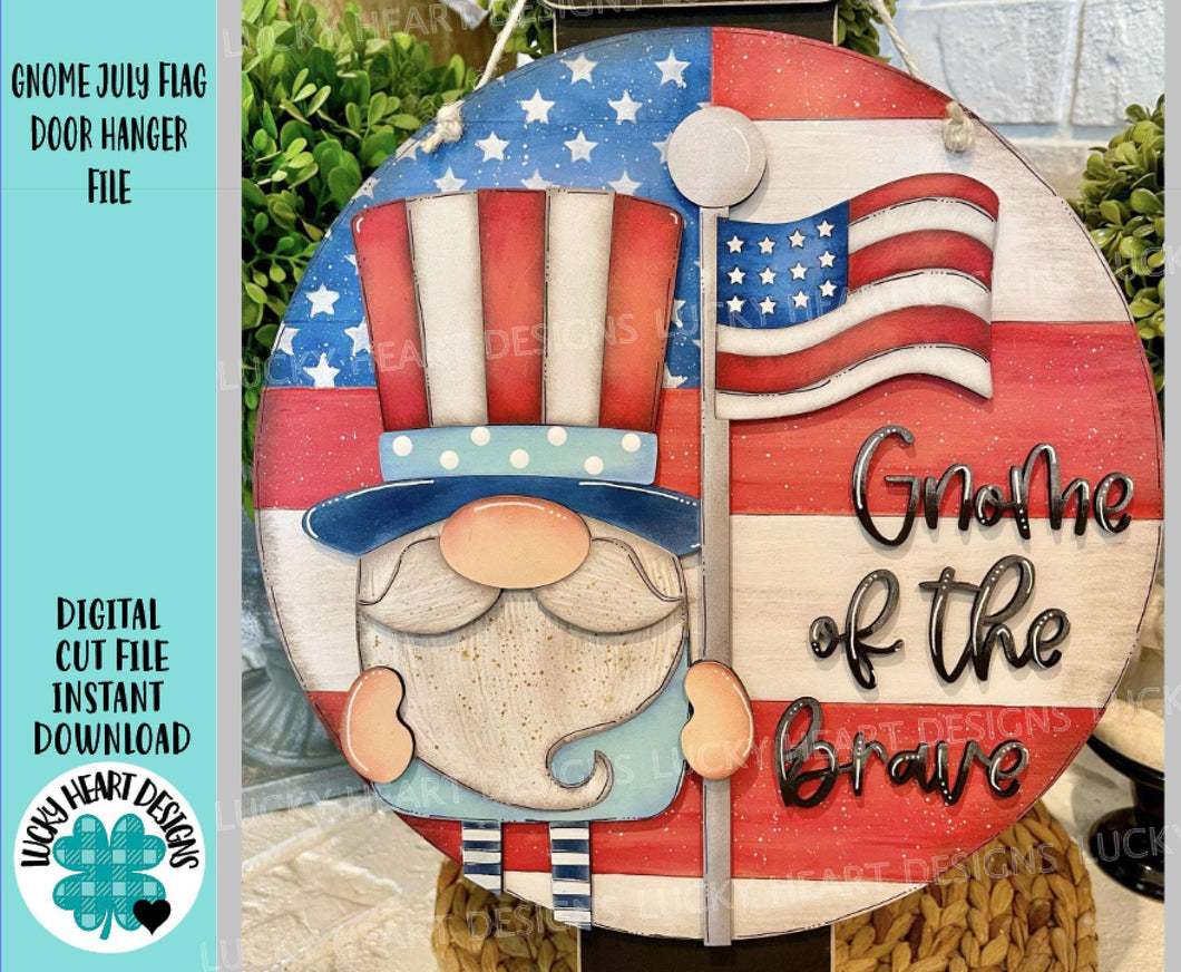 Gnome July Flag Door Hanger File SVG, Glowforge Firework, USA, America, LuckyHeartDesignsCo
