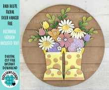 Load image into Gallery viewer, Rain Boots Floral Door Hanger Sign File SVG, Spring Flower, Daisy, Tulip, Rose, Summer, Glowforge, LuckyHeartDesignsCo
