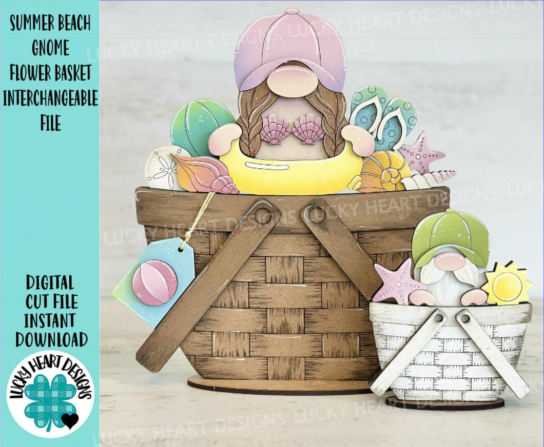 Summer Beach Gnome For The Flower Basket Interchangeable File SVG, TINY, Shells, Pool, Swim,Sun, Tray, Glowforge, LuckyHeartDesignsCo