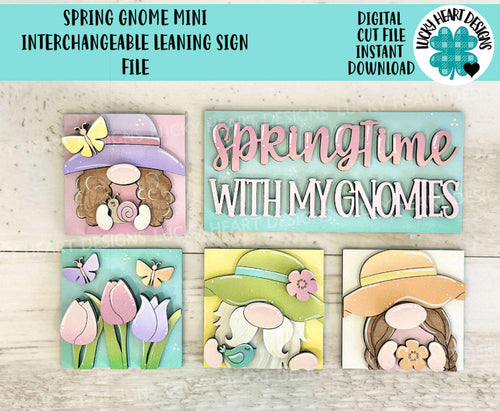 Gnome Spring MINI Interchangeable Leaning Sign File SVG, Butterfly, Flower, Floral Tulip, Gnomie, Tiered Tray Glowforge, LuckyHeartDesignsCo