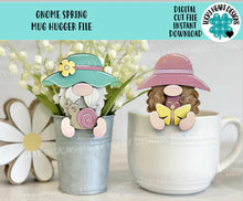 Load image into Gallery viewer, Gnome Spring Mug Hugger File SVG, Glowforge Flower, Floral, Snail, Butterfly, Tiered, Tray Decor, Plant Topper, Gift, LuckyHeartDesignsCo
