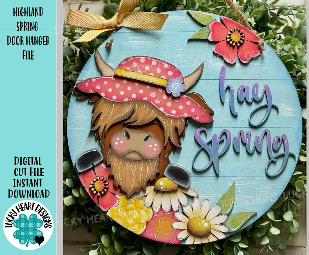 Highland Spring Door Hanger Sign File SVG, Glowforge, Daisy, Cow, Flower, Farm, LuckyHeartDesignsCo