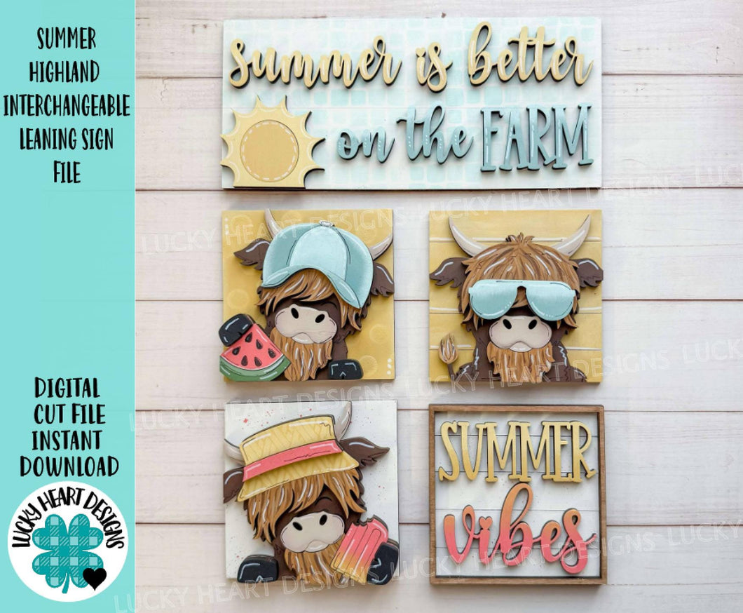 Summer Highland Interchangeable Leaning Sign File SVG, Cow, Farm, Beach, Pool, Swim, Watermelon, Popsicle, Glowforge, LuckyHeartDesignsCo