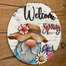 Load image into Gallery viewer, Welcome Spring Gnome Door Hanger Sign File SVG, Glowforge, Flower, Floral, Lucky Heart Designs
