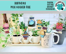 Load image into Gallery viewer, Birthday Mug Hugger Bundle File SVG, Glowforge, Balloon, Cake, Candle, Hat, Celebrate, Tiered Tray, Plant Topper, Gift, LuckyHeartDesignsCo
