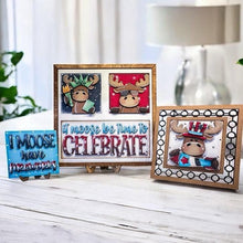 Load image into Gallery viewer, Moose July Fourth Interchangeable Leaning Sign File SVG, Fireworks, Farm, America, USA, Glowforge, LuckyHeartDesignsCo
