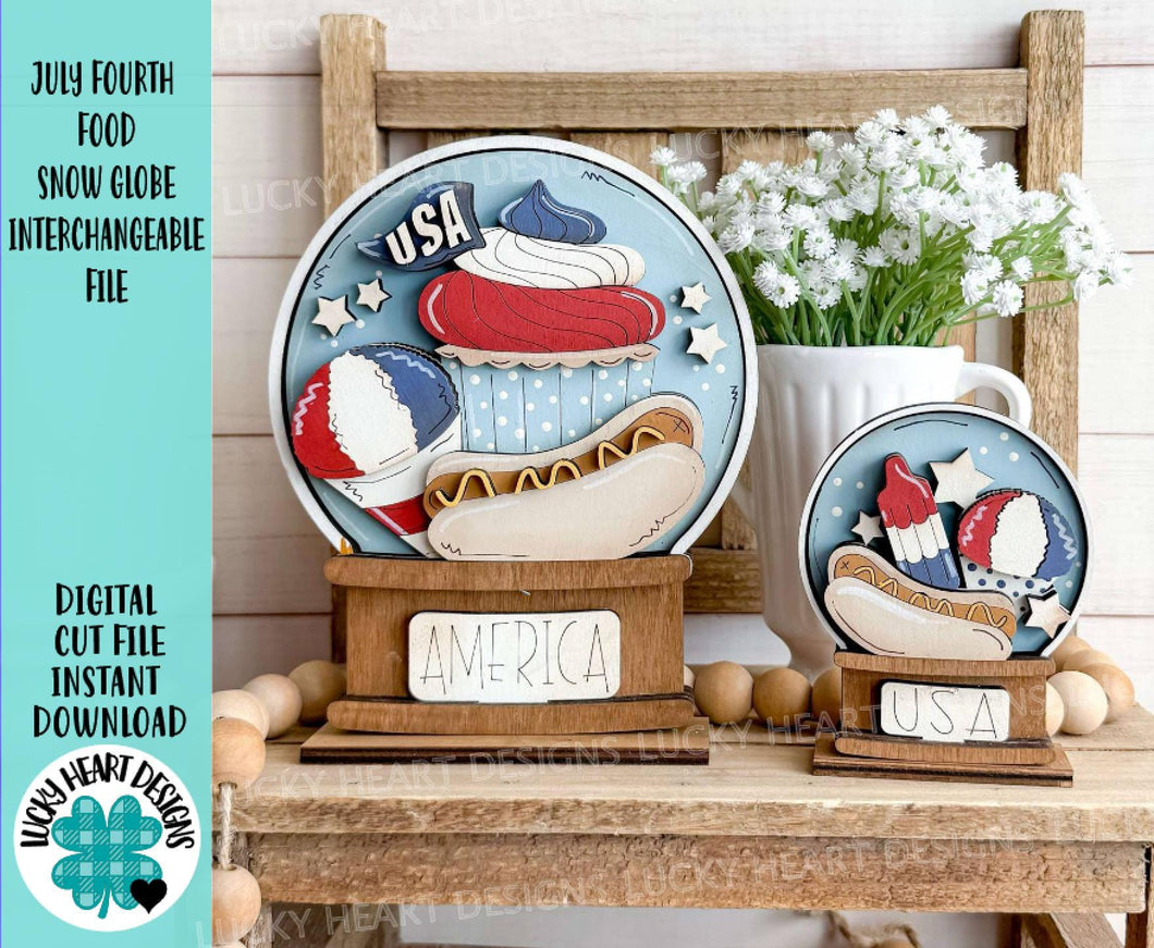 July Fourth Food Snow Globe Interchangeable File SVG, TINY Glowforge, Hoy Dog, Snowcone Summer America, USA, Tiered Tray LuckyHeartDesignsCo