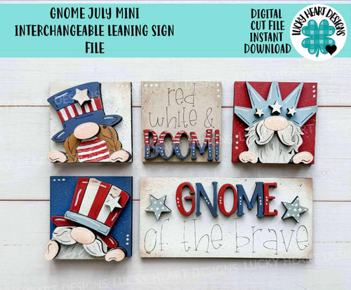 Gnome July MINI Interchangeable Leaning Sign File SVG, USA, fourth, Firework, Uncle Sam, America Tiered Tray Glowforge, LuckyHeartDesignsCo