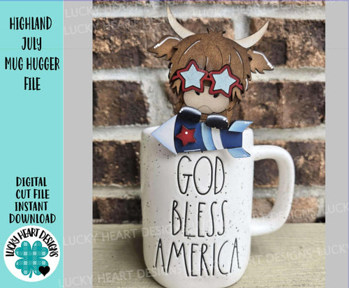 Highland July Mug Hugger File SVG, Glowforge USA, America, Farm Cow, Fourth Tiered Tray, Tray Decor, Plant Topper, Gift, LuckyHeartDesignsCo