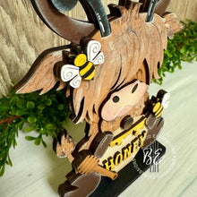 Load image into Gallery viewer, Highland BEE Standing File SVG, Honey, Bumble, Farm, Cow, Beehive, Tiered Tray Glowforge, LuckyHeartDesignsCo
