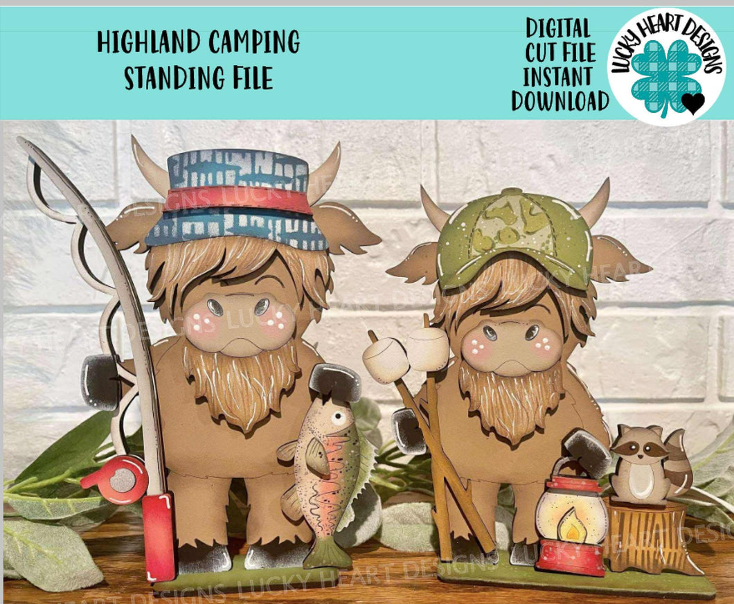 Highland Camping Standing File SVG, Glowforge, Cow, Fishing, Camping, S'mores, Farm, Raccoon, Tiered Tray LuckyHeartDesignsCo