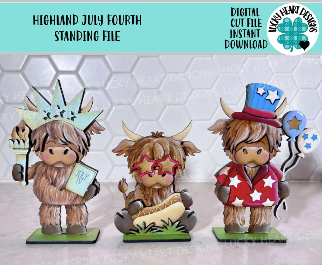 Highland July Fourth Standing File SVG, Glowforge, Summer, America, Cow, Statue of Liberty, Farm, USA, Tiered Tray LuckyHeartDesignsCo