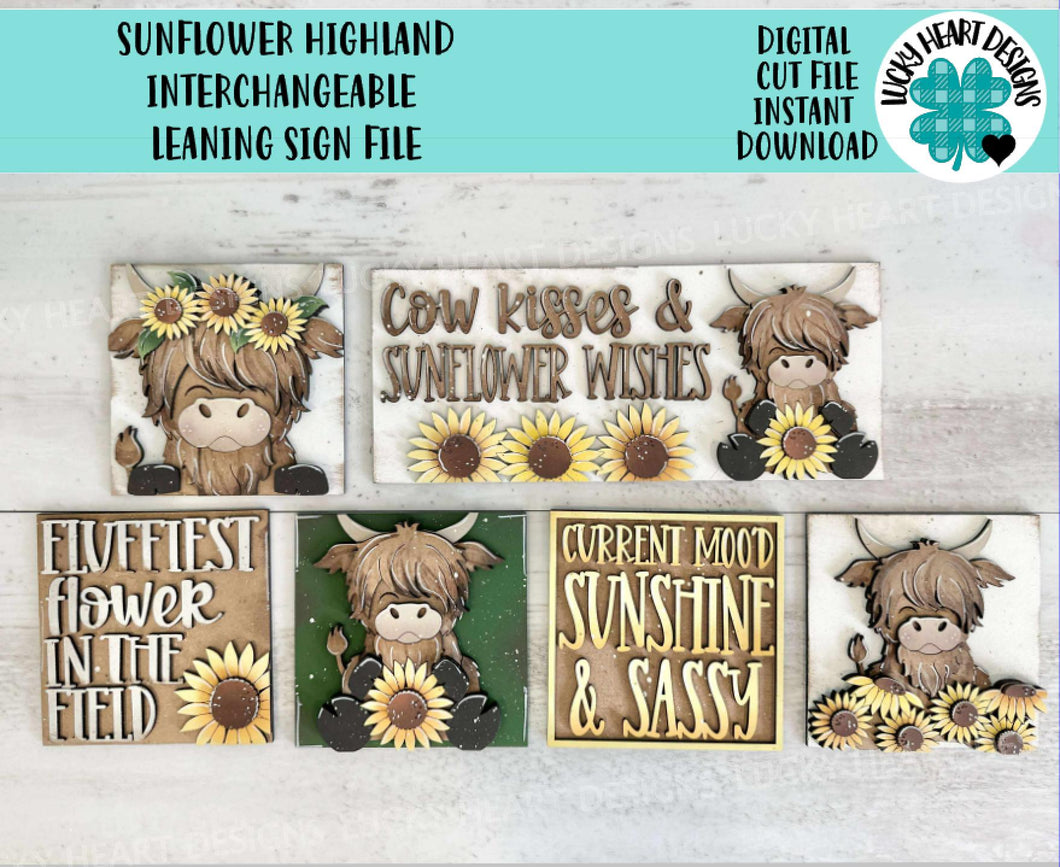Highland Sunflower Interchangeable Leaning Sign File SVG, Fall Summer, Cow, Farm, Flower, Flower, Tiered Tray Glowforge, LuckyHeartDesignsCo