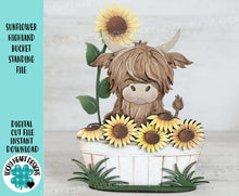 Load image into Gallery viewer, Highland Sunflower Bucket Standing File SVG, Glowforge, Cow, Summer, Fall, Flower, Farm, Tiered Tray LuckyHeartDesignsCo
