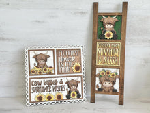 Load image into Gallery viewer, Highland Sunflower Interchangeable Leaning Sign File SVG, Fall Summer, Cow, Farm, Flower, Flower, Tiered Tray Glowforge, LuckyHeartDesignsCo
