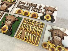 Load image into Gallery viewer, Highland Sunflower Interchangeable Leaning Sign File SVG, Fall Summer, Cow, Farm, Flower, Flower, Tiered Tray Glowforge, LuckyHeartDesignsCo
