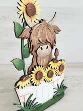 Load image into Gallery viewer, Highland Sunflower Bucket Standing File SVG, Glowforge, Cow, Summer, Fall, Flower, Farm, Tiered Tray LuckyHeartDesignsCo

