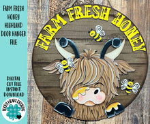 Load image into Gallery viewer, Farm Fresh Honey Highland Door Hanger File SVG, Summer, Cow, Bee, Bumble, Farm Glowforge, LuckyHeartDesignsCo
