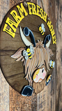 Load image into Gallery viewer, Farm Fresh Honey Highland Door Hanger File SVG, Summer, Cow, Bee, Bumble, Farm Glowforge, LuckyHeartDesignsCo
