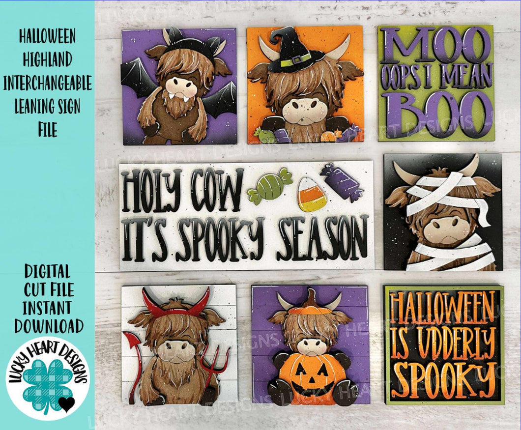 Halloween Highland Interchangeable Leaning Sign File SVG, Glowforge Tiered Tray, Witch, Farm, Barn, Bat, Pumpkin, LuckyHeartDesignsCo