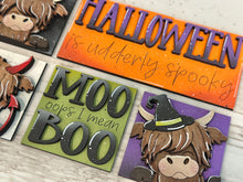Load image into Gallery viewer, Halloween Highland MINI Interchangeable Leaning Sign File SVG, Pumpkin, Witch, Devil, Halloween Tiered Tray Glowforge, LuckyHeartDesignsCo
