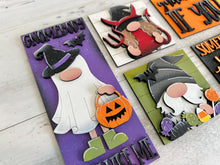Load image into Gallery viewer, Gnome Halloween Witch Interchangeable Leaning Sign File SVG, Glowforge Tiered Tray, Ghost, Devil, Candy, Bat, Dracula, LuckyHeartDesignsCo
