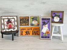 Load image into Gallery viewer, Gnome Halloween Witch Interchangeable Leaning Sign File SVG, Glowforge Tiered Tray, Ghost, Devil, Candy, Bat, Dracula, LuckyHeartDesignsCo
