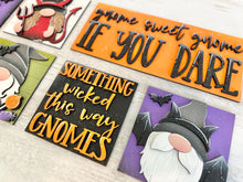 Load image into Gallery viewer, Gnome Halloween Witch Interchangeable Leaning Sign File SVG, Glowforge Tiered Tray, Ghost, Devil, Candy, Bat, Dracula, LuckyHeartDesignsCo
