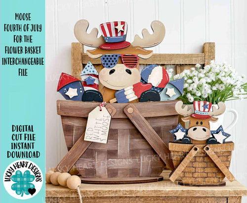 Moose Fourth of July For The Flower Basket Interchangeable File SVG, America, USA, Tiered Tray, TINY, Glowforge, LuckyHeartDesignsCo
