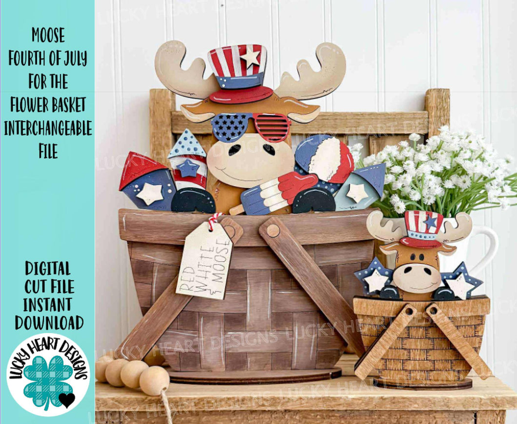 Moose Fourth of July For The Flower Basket Interchangeable File SVG, America, USA, Tiered Tray, TINY, Glowforge, LuckyHeartDesignsCo