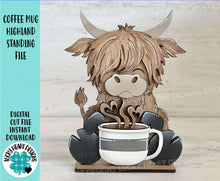 Load image into Gallery viewer, Coffee Mug Highland Standing File SVG, Snowflake, Cow, Farm, Hot Cocoa, Chocolate, Cook, Tiered Tray, Glowforge, LuckyHeartDesignsCo
