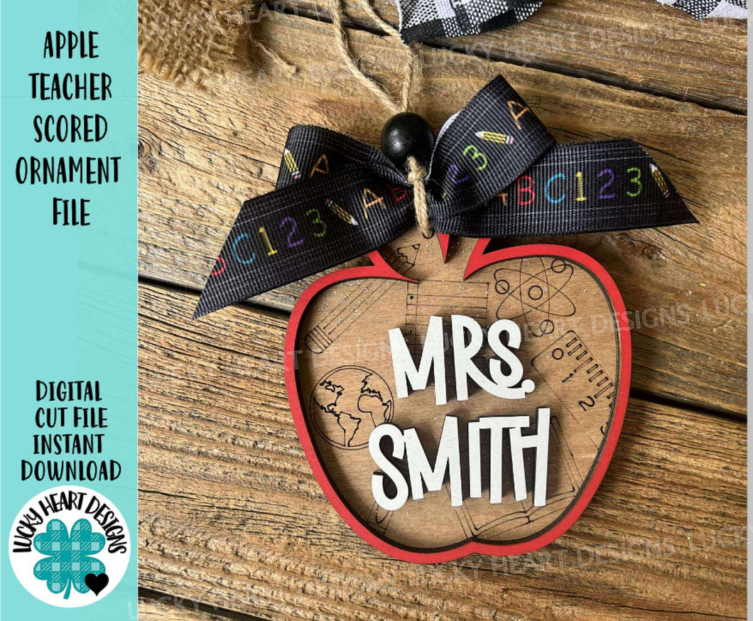 Apple Teacher Scored Ornament File SVG, Glowforge, Christmas, Tag, Gift, Classroom, Tiered Tray LuckyHeartDesignsCo