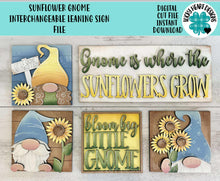 Load image into Gallery viewer, Sunflower Gnome Interchangeable Leaning Sign File SVG, Flower, Fall, Summer, Spring, Tiered Tray Glowforge, LuckyHeartDesignsCo
