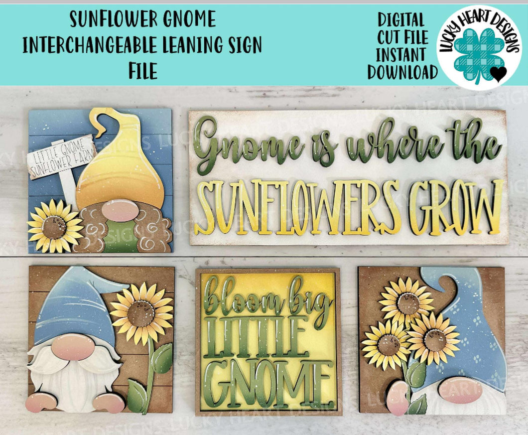 Sunflower Gnome Interchangeable Leaning Sign File SVG, Flower, Fall, Summer, Spring, Tiered Tray Glowforge, LuckyHeartDesignsCo