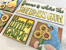 Load image into Gallery viewer, Sunflower Gnome Interchangeable Leaning Sign File SVG, Flower, Fall, Summer, Spring, Tiered Tray Glowforge, LuckyHeartDesignsCo
