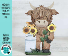 Load image into Gallery viewer, Highland Sunflower Milk Jug Standing File SVG, Glowforge, Cow, Summer, Fall, Flower, Farm, Tiered Tray LuckyHeartDesignsCo
