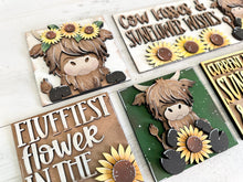 Load image into Gallery viewer, Highland Sunflower Interchangeable Leaning Sign File SVG, Fall Summer, Cow, Farm, Flower, Flower, Tiered Tray Glowforge, LuckyHeartDesignsCo
