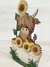 Load image into Gallery viewer, Highland Sunflower Bucket Standing File SVG, Glowforge, Cow, Summer, Fall, Flower, Farm, Tiered Tray LuckyHeartDesignsCo
