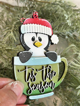 Load image into Gallery viewer, Mug Friends Penguin Christmas Ornament File SVG, Santa, Winter, Cocoa, Coffee, Cup, Frosty, Glowforge, LuckyHeartDesignsCo

