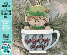 Load image into Gallery viewer, Mug Friends Elf Christmas Ornament File SVG, Santa, Winter, Cocoa, Coffee, Cup, Craft, Glowforge, LuckyHeartDesignsCo
