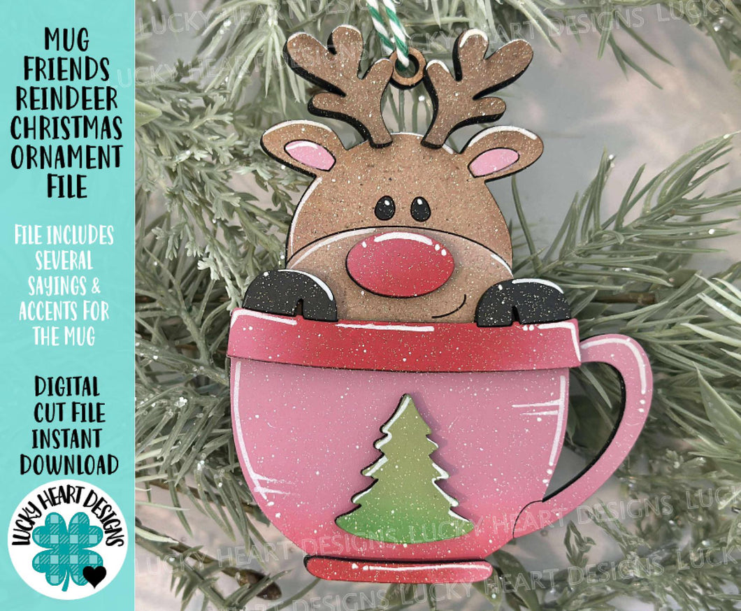 Mug Friends Reindeer Christmas Ornament File SVG, Santa, Winter, Cocoa, Coffee, Cup, Rudolph, Glowforge, LuckyHeartDesignsCo