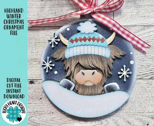 Highland Winter Christmas Ornament File SVG, Glowforge, Cow, Farm, LuckyHeartDesignsCo