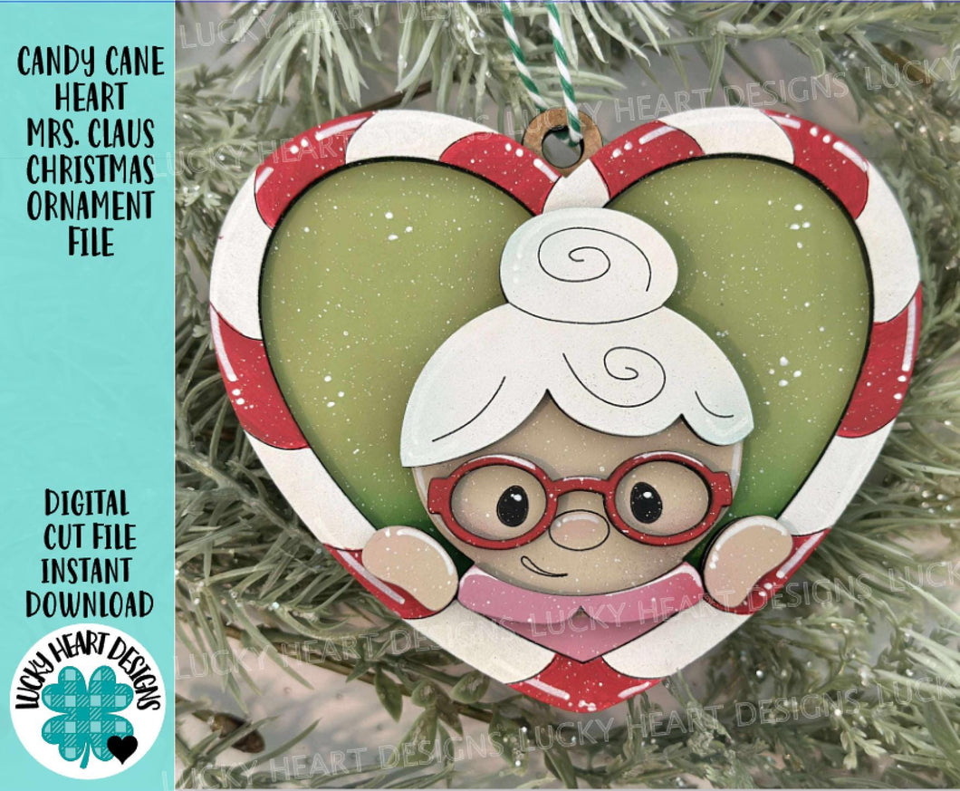 Candy Cane Heart Mrs. Claus Christmas Ornament Friends File SVG, Craft, Kids, Santa, Glowforge, Bakery, LuckyHeartDesignsCo