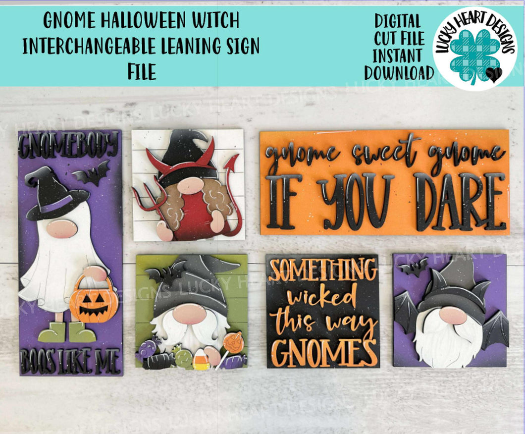 Gnome Halloween Witch Interchangeable Leaning Sign File SVG, Glowforge Tiered Tray, Ghost, Devil, Candy, Bat, Dracula, LuckyHeartDesignsCo