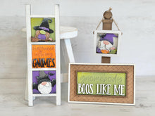Load image into Gallery viewer, Gnome Halloween Witch MINI Interchangeable Leaning Sign File SVG, Pumpkin, Devil, Halloween Tiered Tray Glowforge, LuckyHeartDesignsCo
