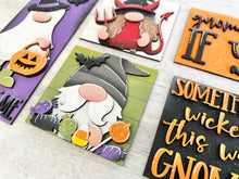 Load image into Gallery viewer, Gnome Halloween Witch Interchangeable Leaning Sign File SVG, Glowforge Tiered Tray, Ghost, Devil, Candy, Bat, Dracula, LuckyHeartDesignsCo
