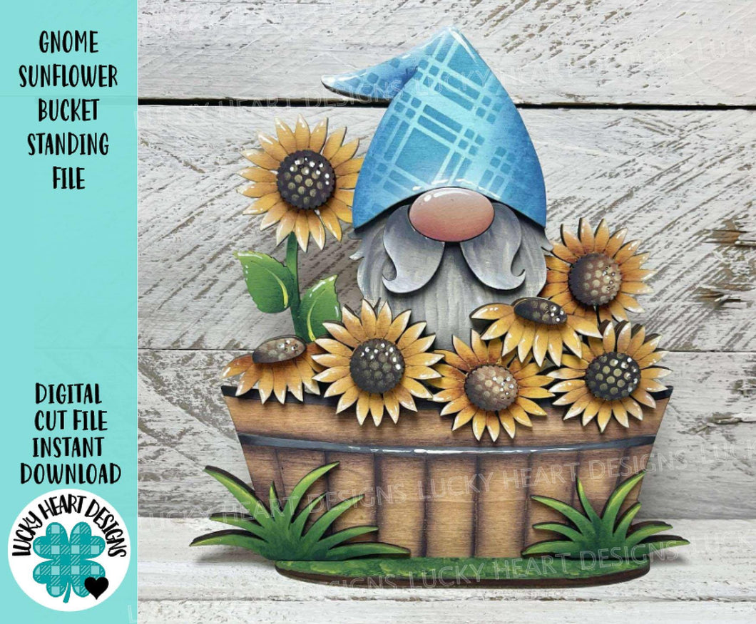 Gnome Sunflower Bucket Standing File SVG, Glowforge, Summer, Fall, Flower, Farm, Tiered Tray LuckyHeartDesignsCo