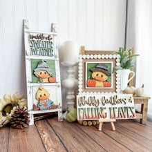 Load image into Gallery viewer, Duck Fall Interchangeable Leaning Sign File SVG, Glowforge, Farm, Sweater, Scarecrow, Pumpkin, Leaves, Leaf, Autumn, LuckyHeartDesignsCo
